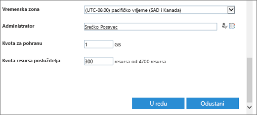 Novi dijaloški okvir zbirka web-mjesta s stavkom vremenska zona i kvota.