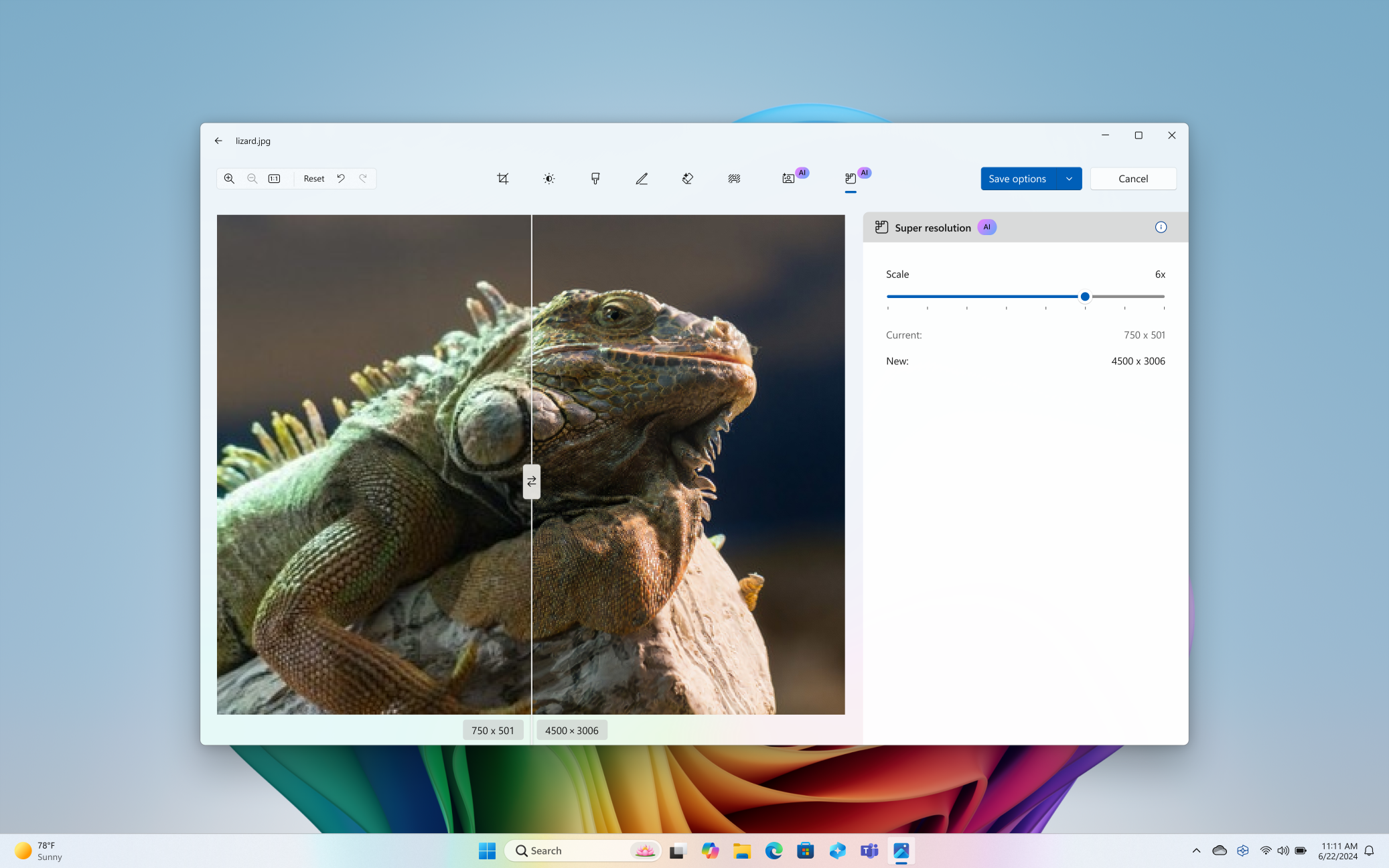 Screenshot of a photo with an iguana where half of the photo is unenhanced, a other half is enhanced with super resolution.