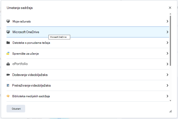 Ugradite datoteku servisa OneDrive u uređivač brightspace pomoću izbornika Umetanje sadržaja.
