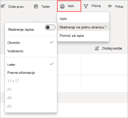 Snimka zaslona na kojoj se prikazuje mogućnost Ispis u smjenama za ispis rasporeda.
