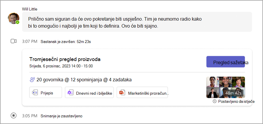 Pregledajte pojedinosti o ponovnom pregledu sastanka iz čavrljanja na sastanku.