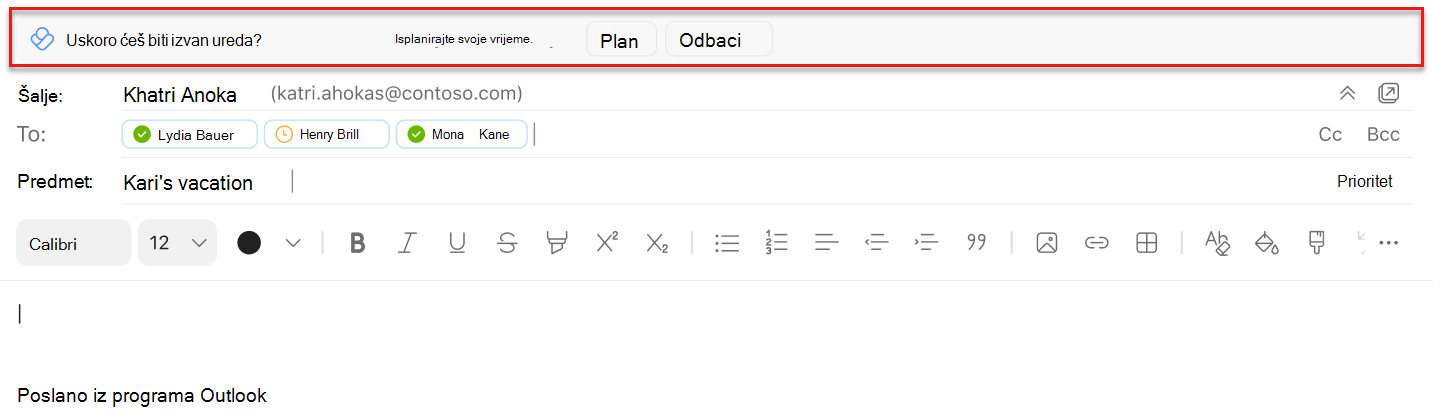 Snimka zaslona umetnutog prijedloga za planiranje vremena koje ste na čekanju prilikom sastavljanja poruke e-pošte u programu Outlook