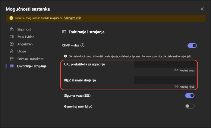 Snimka zaslona koja prikazuje postavke RTMP-Ina u mogućnostima sastanka.