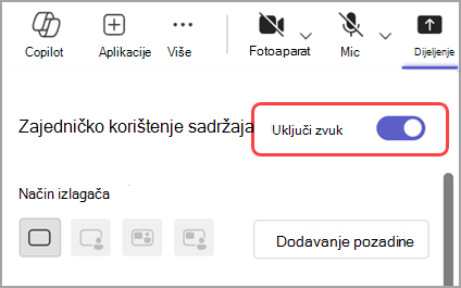 Uključite preklopni gumb Uključi zvuk da biste omogućili zajedničko korištenje zvuka iz prozora koji zajednički koristite.