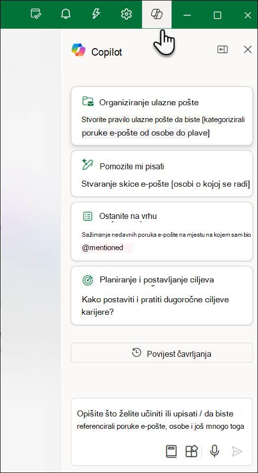 Okno čavrljanja za Copilot u programu Outlook.