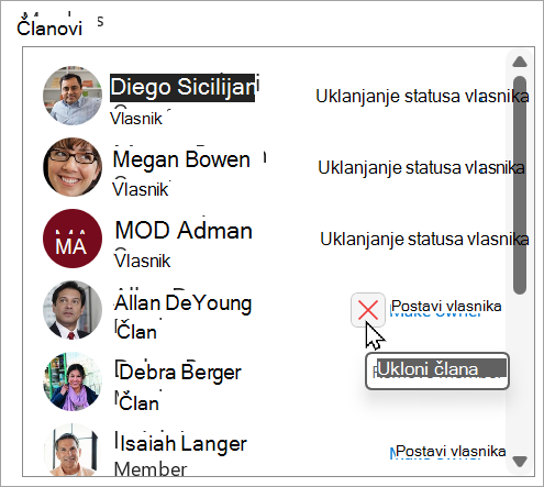 U okviru Članovi možete ukloniti status vlasnika, postaviti člana kao vlasnika ili izbrisati člana.