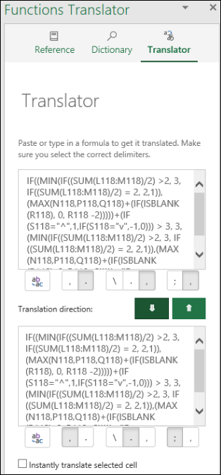 Okno Translator (Prevoditelj) dodatka Functions Translator s funkcijom prevedenom s engleskog na francuski
