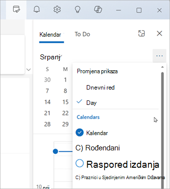 Odaberite Promjena prikaza da biste prikazali prikaz Dnevni red ili Dan. Ovdje možete odabrati i kalendare koji će se prikazivati.