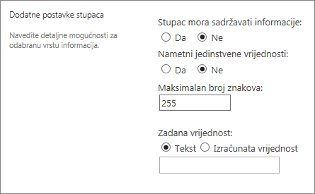 Odjeljak s dodatnim pitanjima novog dijaloškog okvira