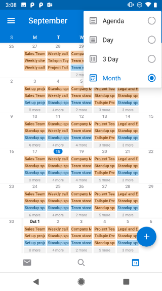 Prikazuje kalendar uz padajući izbornik u gornjem desnom kutu. Sadrži sljedeće mogućnosti: Agenda, dan, tri dana i mjesec.