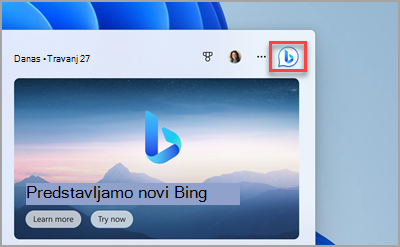 Novi gumb Bing Otvori u pregledniku Edge u Windows 11 pretraživanje na programskoj traci.
