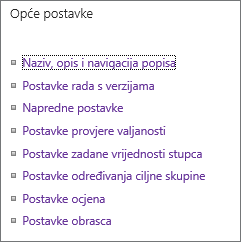 Popis veza općih postavki