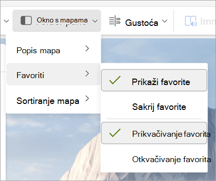 Snimka zaslona padajućeg izbornika Okno s mapama s odabranom mogućnosti Pokaži favorite i Prikvači favorite
