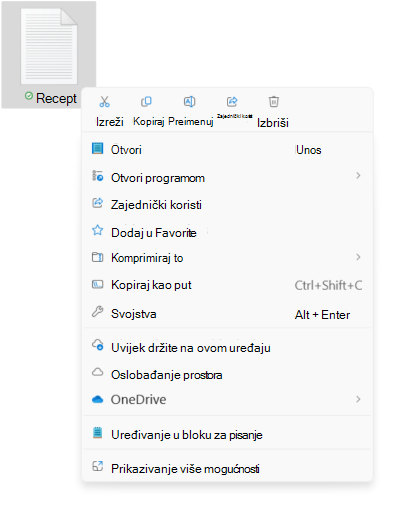 Snimka zaslona kontekstnog izbornika datoteke s novim mogućnostima izrezivanja/kopiranja/preimenovanja/zajedničkog korištenja/brisanja.