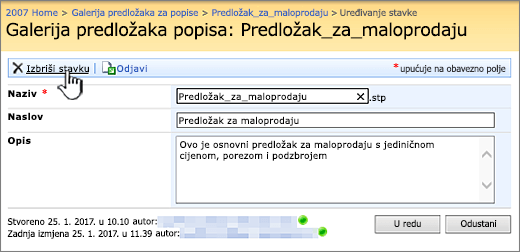 Stranica uređivanje predloška popisa s istaknutim brisanjem.