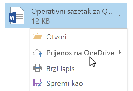 Snimka zaslona prozora za sastavljanje poruke u programu Outlook u kojem je vidljiva priložena datoteka s odabranom naredbom Prenesi.