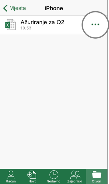 Snimka zaslona Mjesta na iPhoneu u programu Excel za iOS.