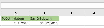 Datum početka u ćeliji D53 je 01. 01. 2016., datum završetka je u ćeliji E53 31. 12. 2016.