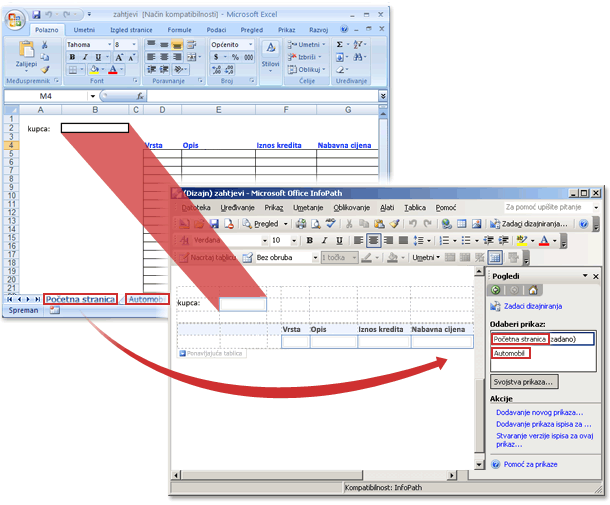 Radna knjiga programa Excel prije i nakon pretvaranja u predložak obrasca programa InfoPath.