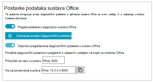 Snimka zaslona odjeljka "Postavke podataka sustava Office" u odjeljku Postavke preglednika dijagnostičkih podataka