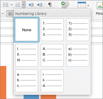 Dostupne mogućnosti stila numeriranja u biblioteci numeriranja u programu Outlook za Mac.