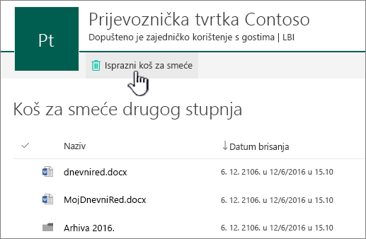 Koš za smeće druge razine sustava SharePoint Online s istaknutim gumbom Isprazni koš za smeće