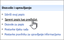 U stupcu dozvole i upravljanje kliknite Spremi predložak web-mjesta