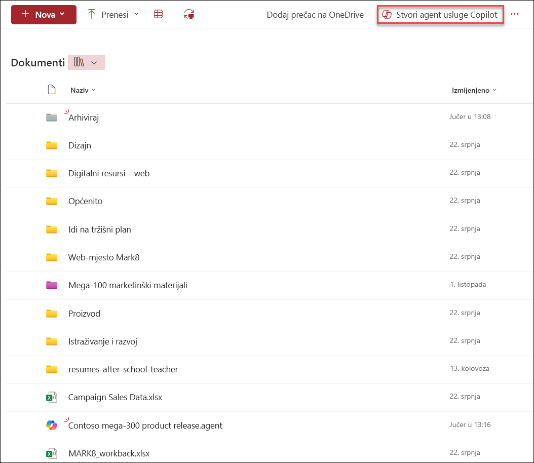 Snimka zaslona Stvori novog agenta usluge Copilot iz biblioteke dokumenata