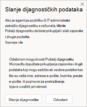 Snimka zaslona prozora s prikazom načina slanja dijagnostičkih podataka tijekom razgovora s agentom