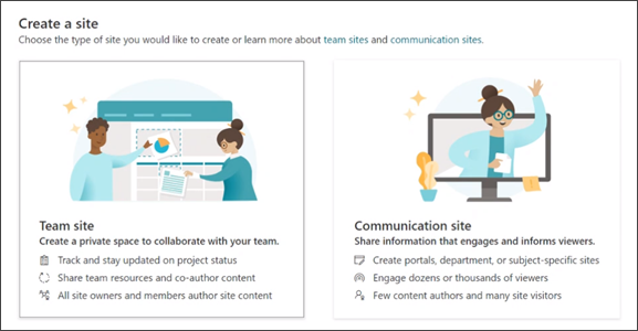 Slika mogućnosti stvaranja timskog web-mjesta ili komunikacijskog web-mjesta u SharePoint. 