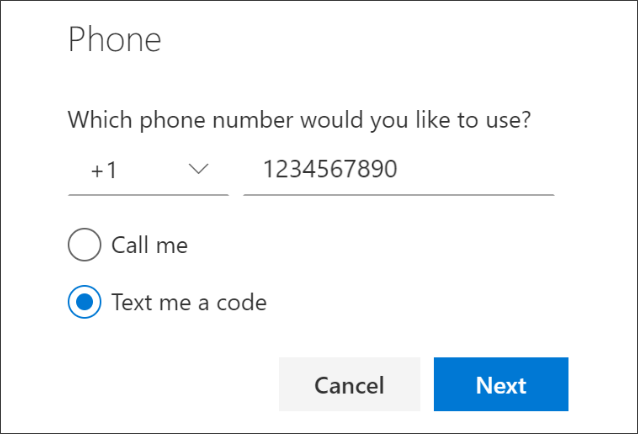 Snimka zaslona na koju se prikazuje stranica "Telefon" s odabranom "Text me a code" (Tekst mi kod).