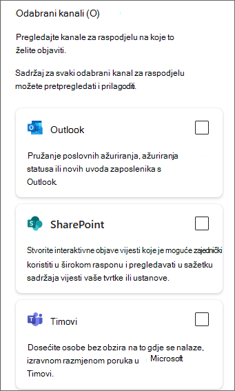 Snimka zaslona bočne ploče s potvrdnim okvirima za Outlook, SharePoint i Teams.