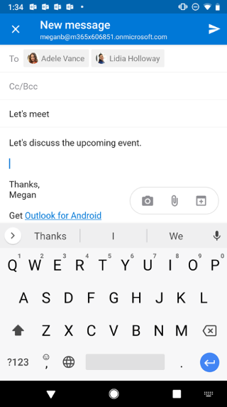 Prikazat će se zaslon sa sustavom Android s skicom e-pošte. Tri gumba su ispod poruke: kamera, privitak i kalendar.