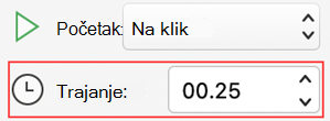 Izbornik trajanje animacije programa PowerPoint za Mac