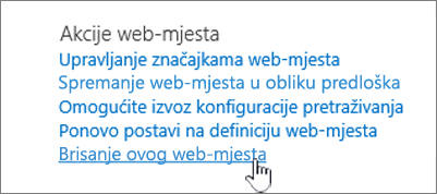 Izbornik postavki web-mjesta s istaknutom mogućnošću Izbriši ovo web-mjesto