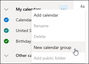 Snimka zaslona na kojoj se prikazuje gumb Nova grupa kalendara