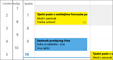 Kalendar sa 3 vremenske zone na lijevoj strani i sastancima na desnoj strani