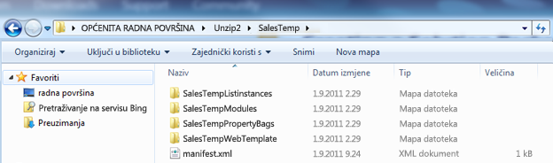 Snimka zaslona programa Windows Explorer koji prikazuje raspakiranu datoteku paketa za web-rješenje (.wsp).