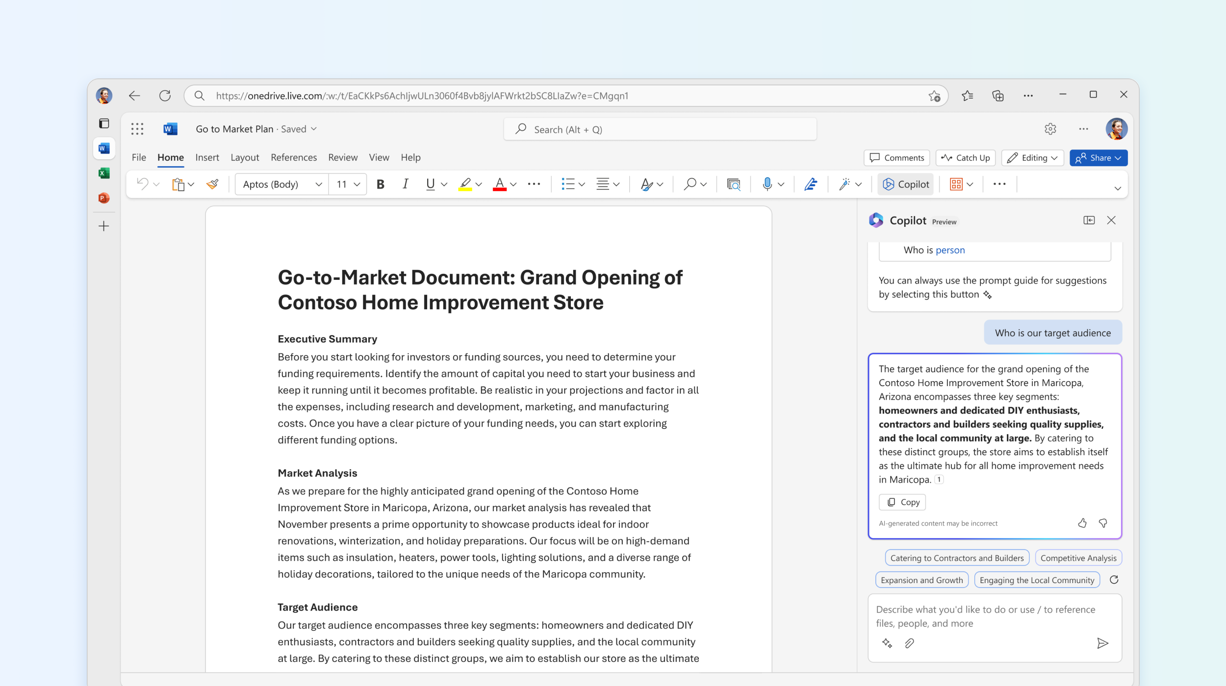 Snimka zaslona prikazuje kako Copilot u programu Word odgovara na pitanje o dokumentu.