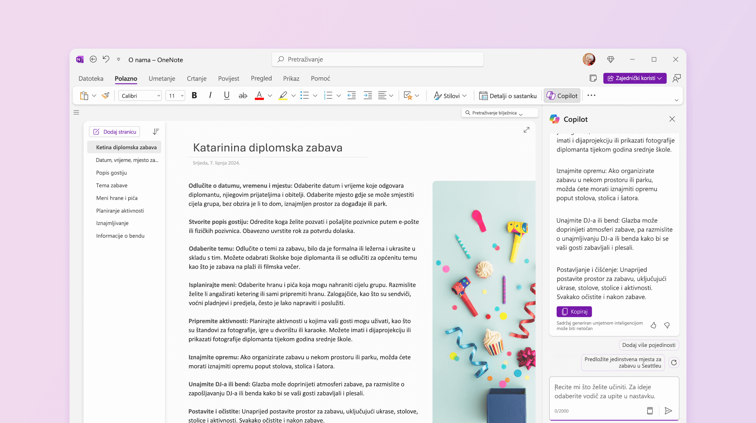 Snimka zaslona prikazuje prijedloge koje možete isprobati putem značajke Copilot u programu OneNote.