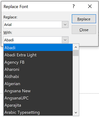 Slika dijaloškog okvira Zamjena fonta u programu PowerPoint. Padajući popis s padajućim okvirom je proširen.
