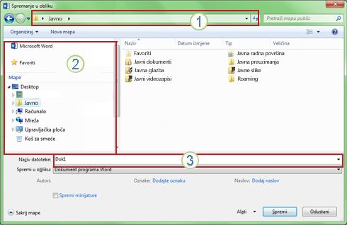 Dijaloški okvir Spremi kao u sustavima Windows Vista i Windows 7