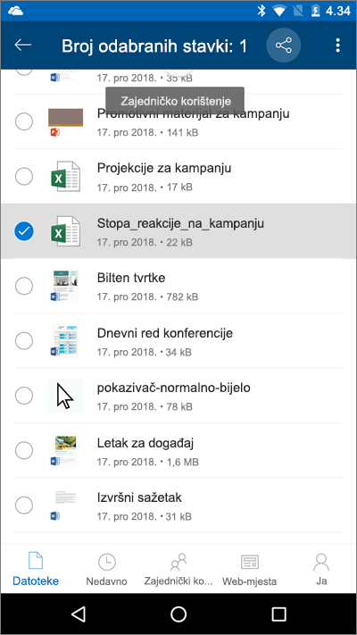 Snimka zaslona na kojoj se prikazuje mobilna aplikacija OneDrive s odabranom datotekom i istaknutom ikonom za prijenos