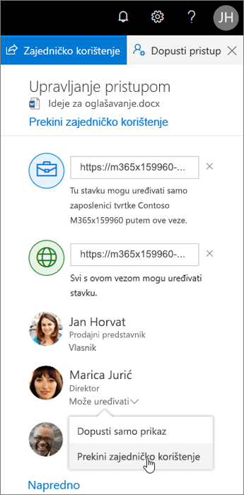 Promjena ili prekid zajedničkog korištenja na servisu OneDrive
