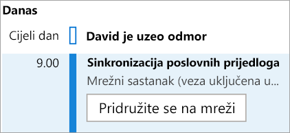 Prikaz gumba pridruži se na internetu za sastanke