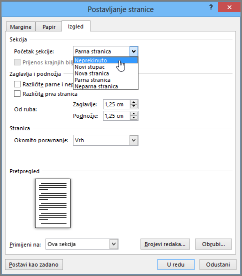 Okvir za postavljanje stranice dijaloški sadrži dodatne mogućnosti postavljanja stranice.
