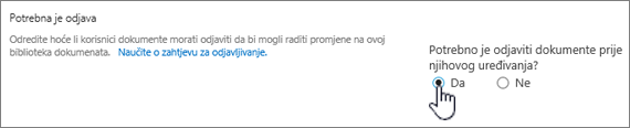 Dijaloški okvir Postavke s istaknutom mogućnošću Da u odjeljku Zahtijevanje odjave dokumenata za uređivanje