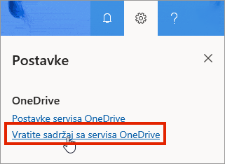 Izbornik Postavke za OneDrive za tvrtke online s istaknutom mogućnošću Vrati