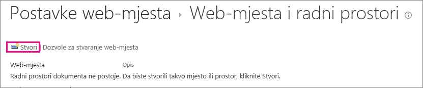 Veza na stvaranje web-mjesta u dijaloškom okviru Web-mjesta i radna mjesta