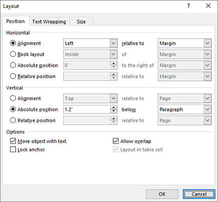 Layout options position tab